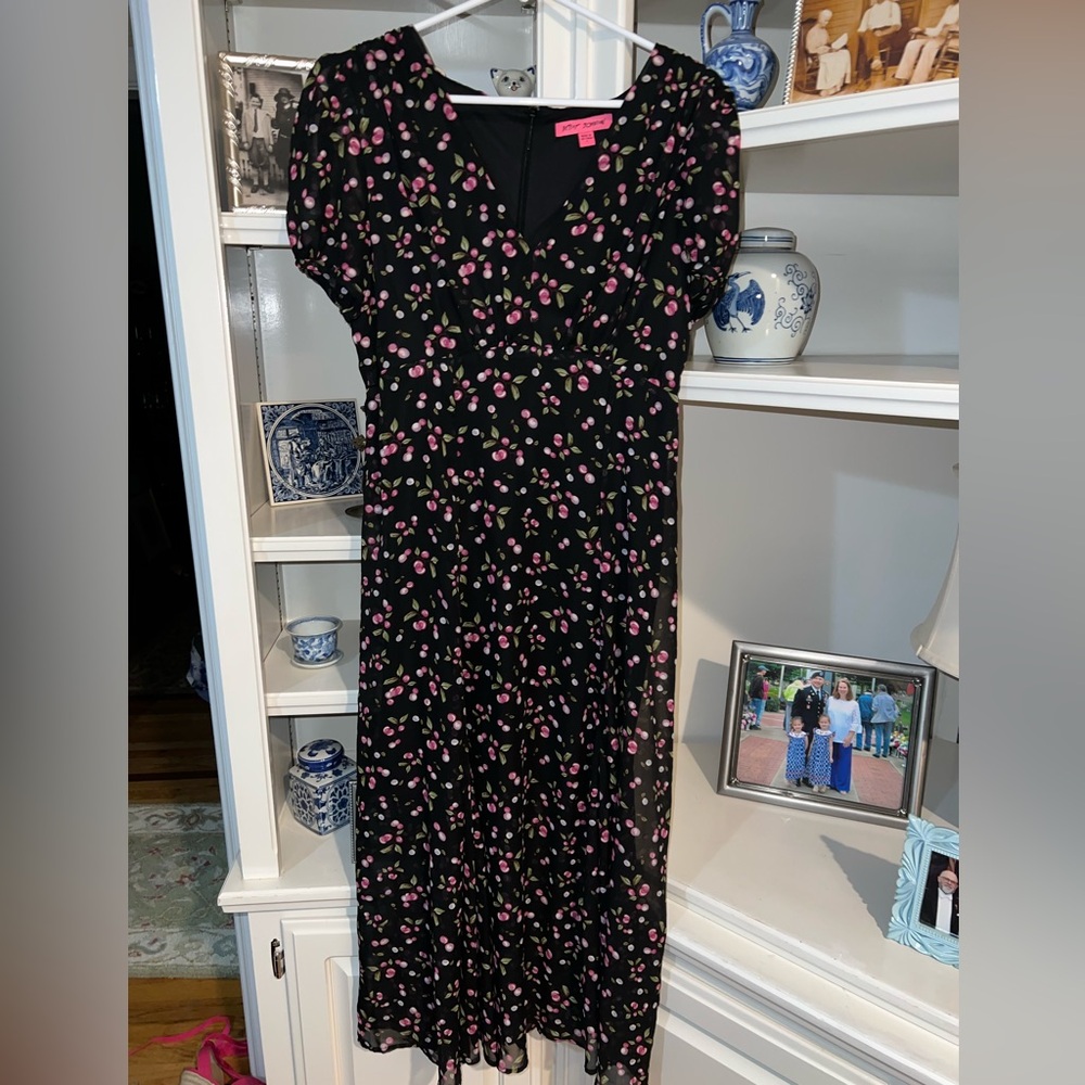 Betsey Johnson Black Midi Dress with Pink Floral Print